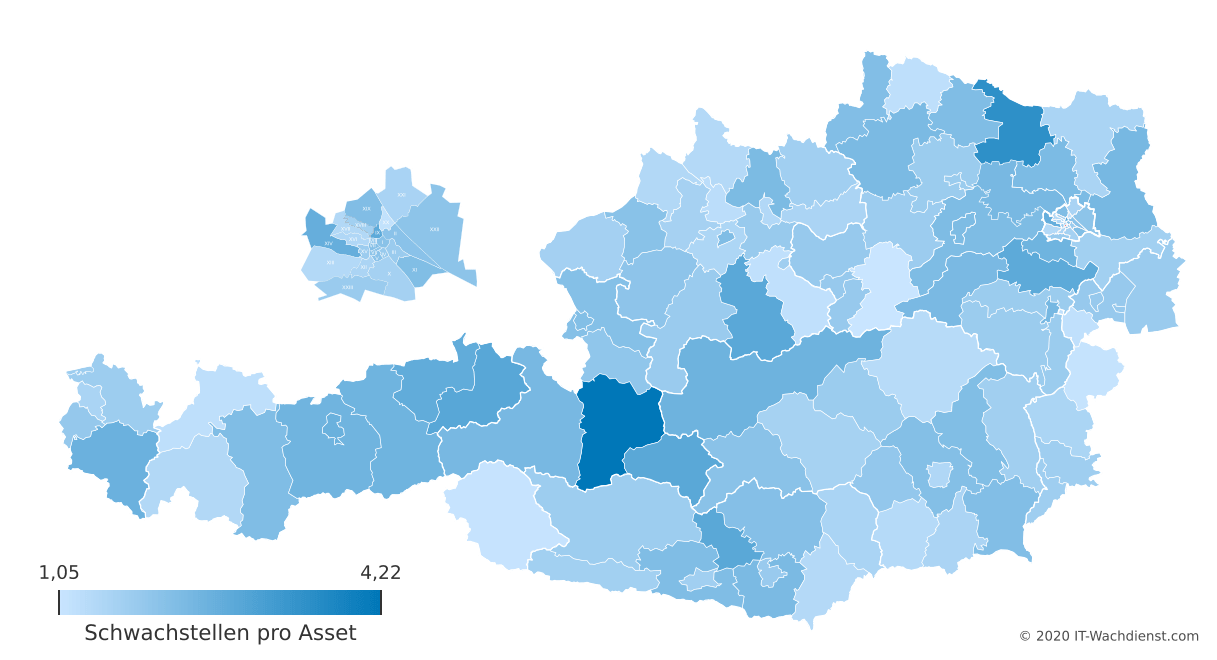 Österreich Bezirk-Karte: Schwachstellenanzahl pro Asset