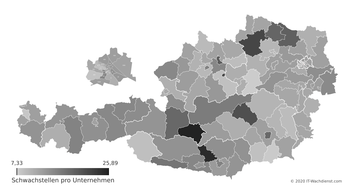 Österreich Bezirk-Karte: Schwachstellenanzahl pro Unternehmen