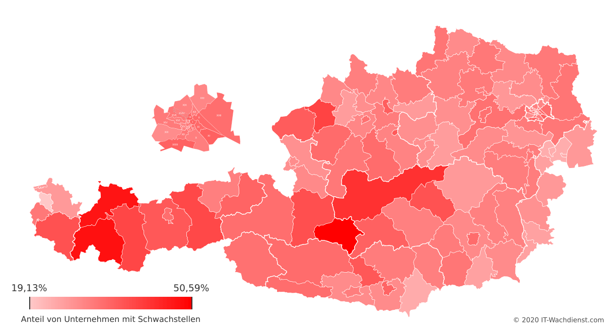 Österreich Bezirk-Karte: Schwachstellenkritikalität pro Unternehmen