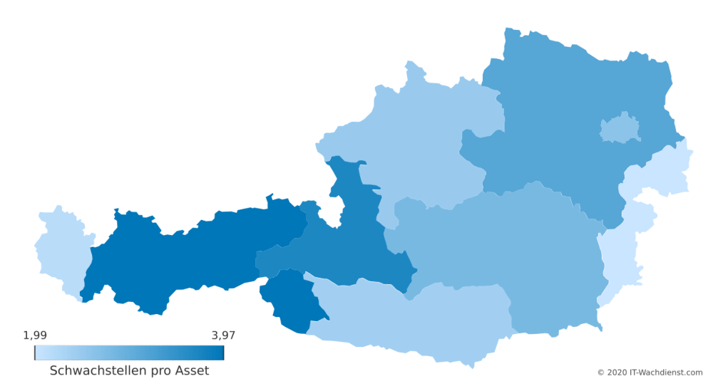 Österreich Bundesland-Karte: Schwachstellenanzahl pro Asset