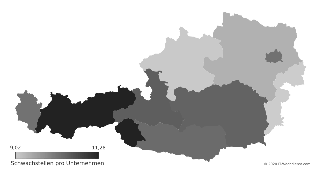 Österreich Bundesland-Karte: Schwachstellenanzahl pro Unternehmen