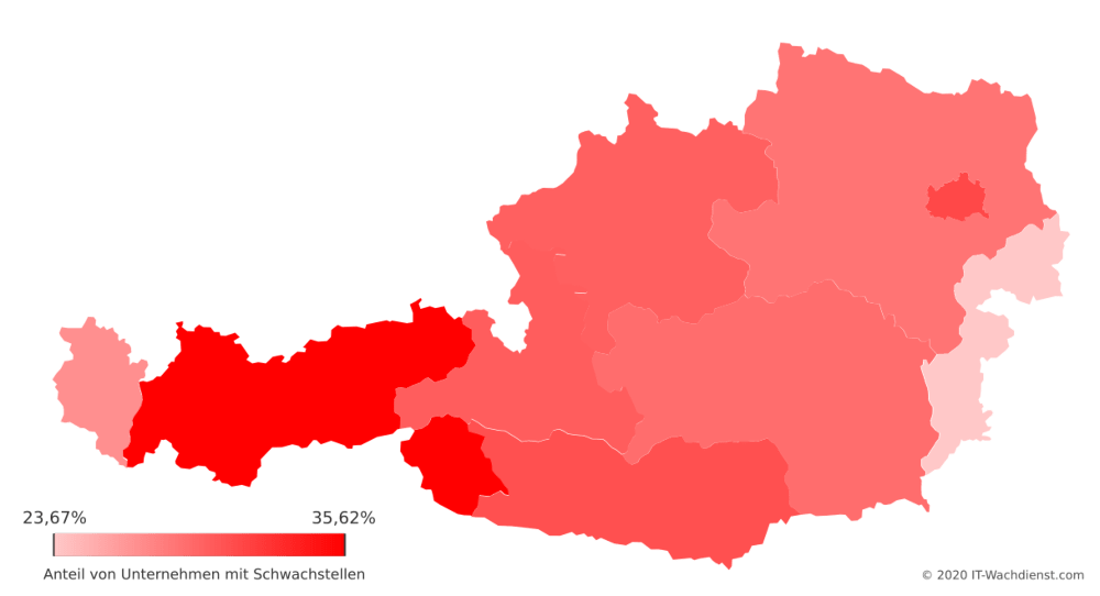 Österreich Bundesland-Karte: Schwachstellenkritikalität pro Unternehmen