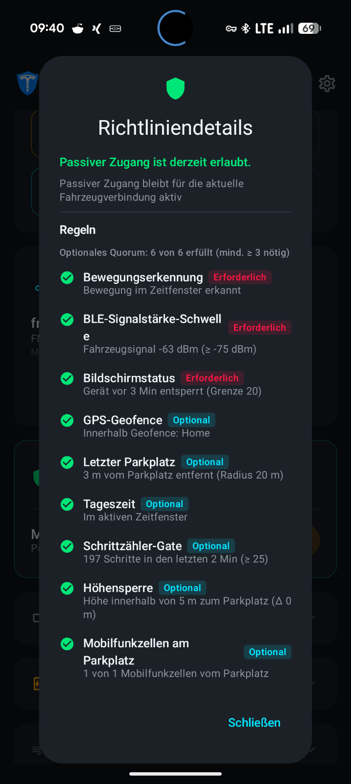 Richtliniendetails in der TeslaKee-App